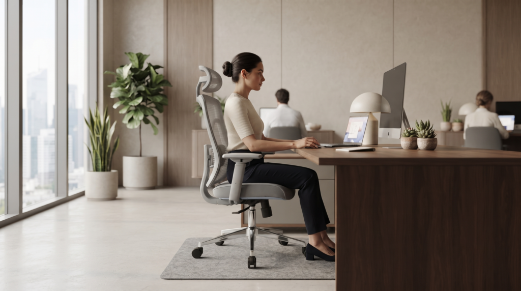 Seorang profesional bekerja menggunakan kursi kantor ergonomis dengan posisi duduk yang benar di ruang kerja modern.