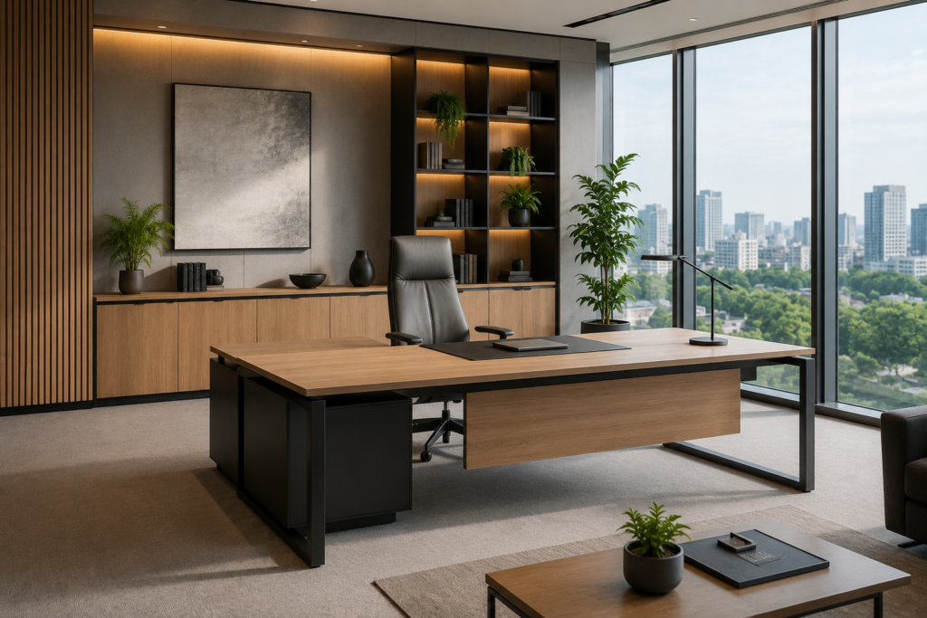 Ruang direktur modern menggunakan executive desk premium untuk aktivitas kerja dan menerima tamu.