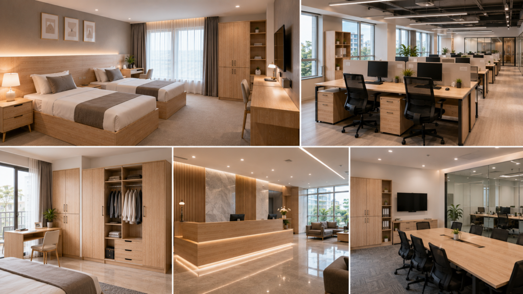 Contoh proyek furniture custom Lunarsol untuk hotel, kantor, apartemen, dan area komersial dengan desain modern.