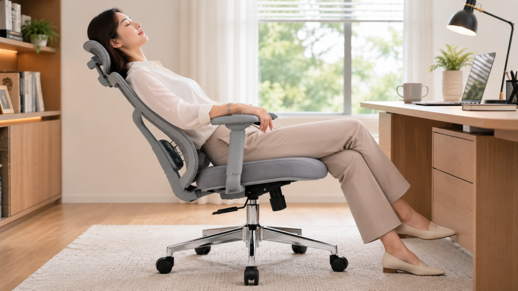 Kursi kantor ergonomis dengan fitur reclining mechanism yang memungkinkan sandaran disesuaikan untuk meningkatkan kenyamanan saat bekerja dan beristirahat.