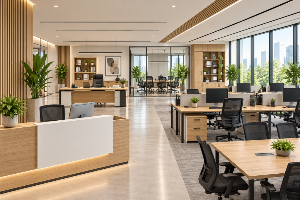 Interior kantor modern menggunakan executive desk, workstation, meeting table, dan office furniture premium sebagai solusi untuk perusahaan.