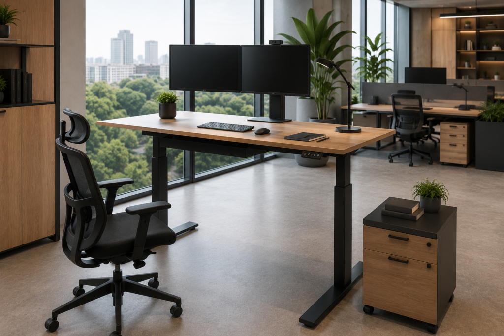 Standing desk modern yang dapat digunakan dalam posisi duduk maupun berdiri pada ruang kerja profesional.