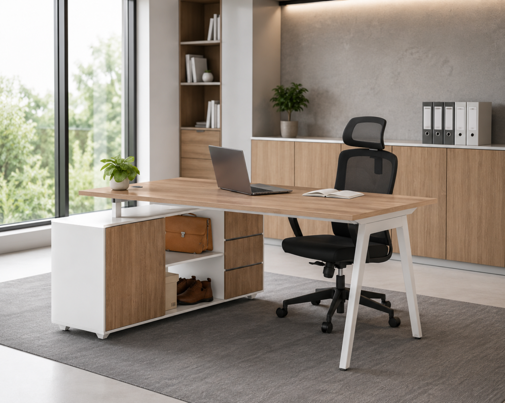 Meja kantor modern dengan laci, mobile pedestal, filing cabinet, dan credenza untuk penyimpanan dokumen.