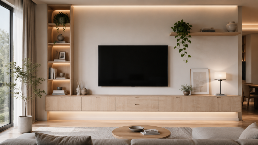 TV cabinet custom minimalis yang dirancang mengikuti ukuran ruang keluarga modern.