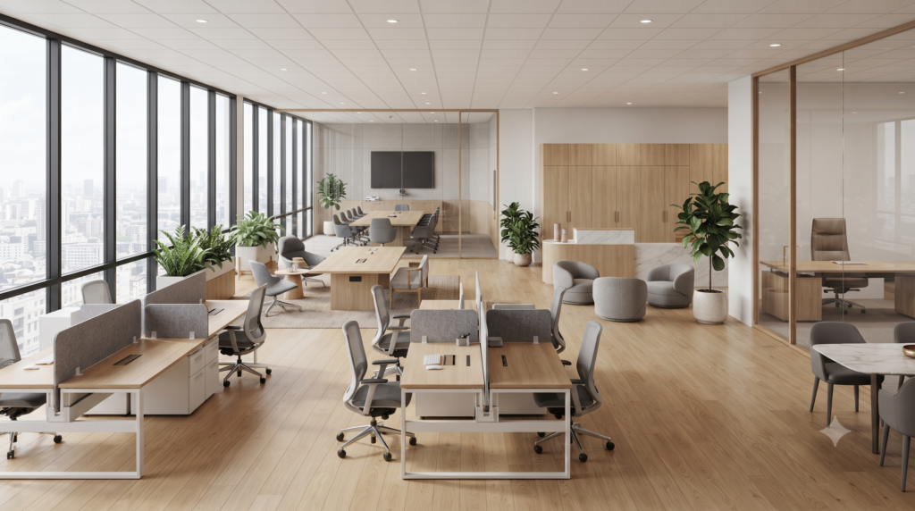 Konsep workspace modern yang mengintegrasikan berbagai jenis office furniture untuk mendukung kolaborasi dan produktivitas.