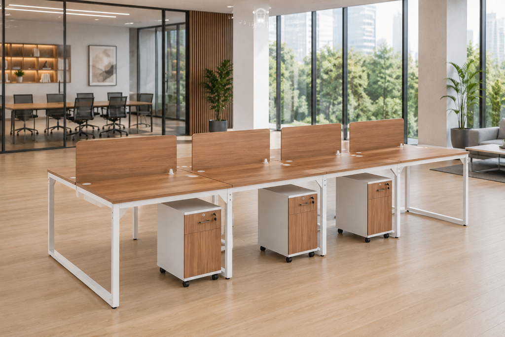 Workstation modular modern dengan empat meja kerja, screen divider, mobile pedestal, dan rangka baja putih untuk ruang kerja perusahaan.