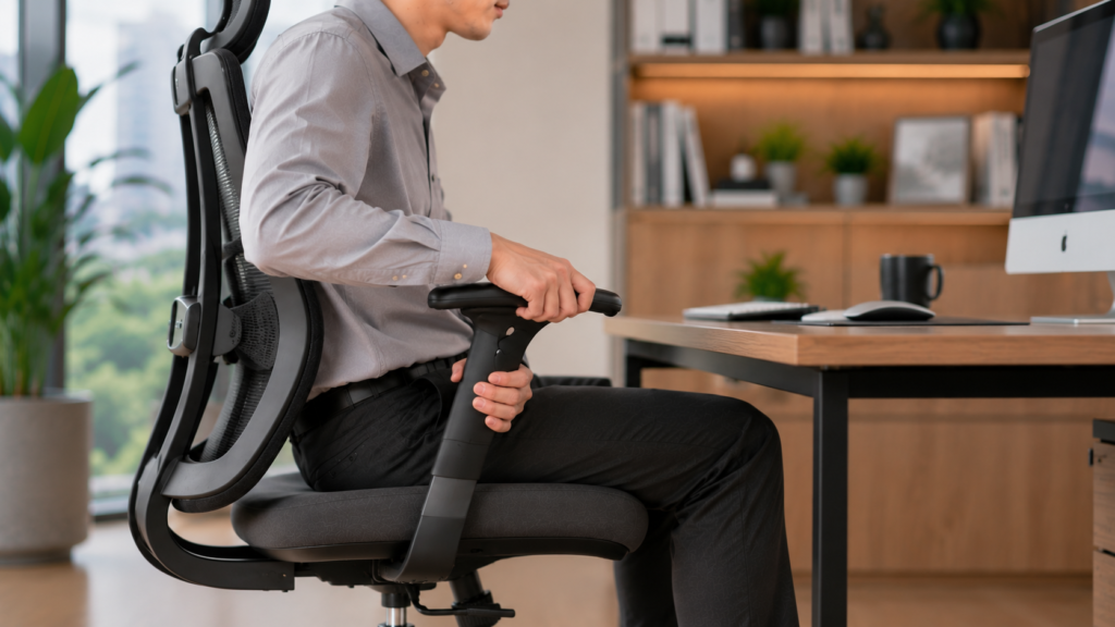 Adjustable armrest pada kursi ergonomis untuk menyesuaikan posisi lengan saat bekerja.