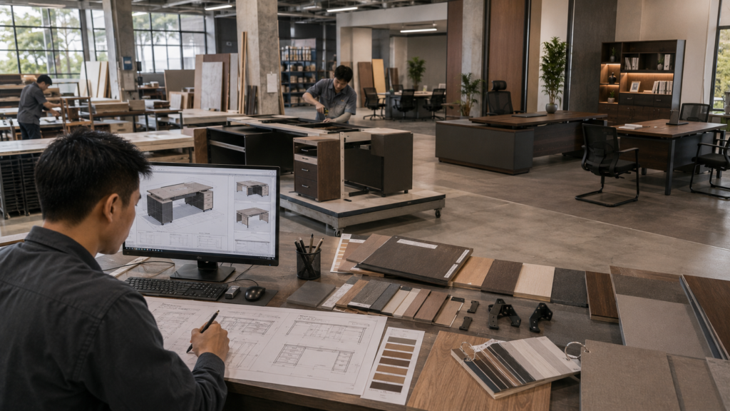 Proses perancangan custom Executive Desk dan Manager Desk untuk kebutuhan kantor