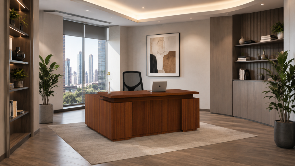 Custom office desk dirancang sesuai kebutuhan layout dan aktivitas kerja perusahaan.
