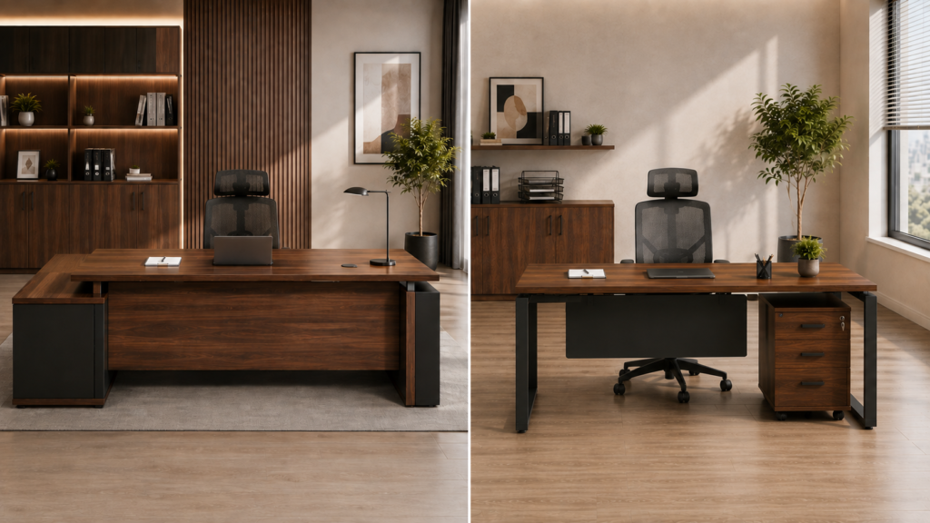 Perbedaan desain Executive Desk premium dan Manager Desk minimalis