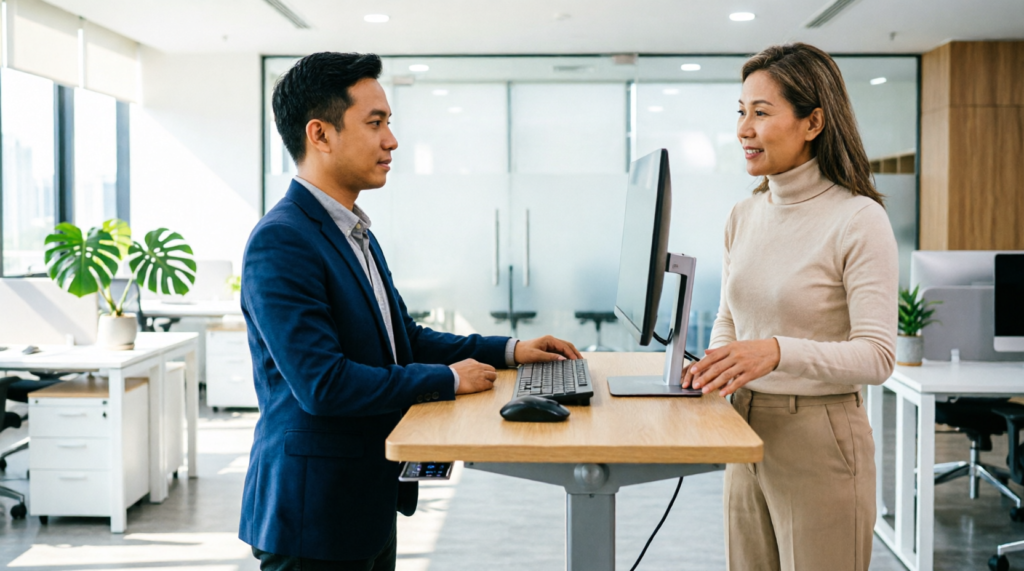 Edukasi karyawan tentang penggunaan standing desk yang benar