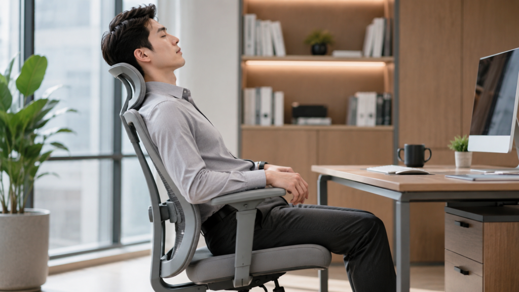 Headrest pada kursi ergonomis yang memberikan dukungan tambahan saat pengguna bersandar.
