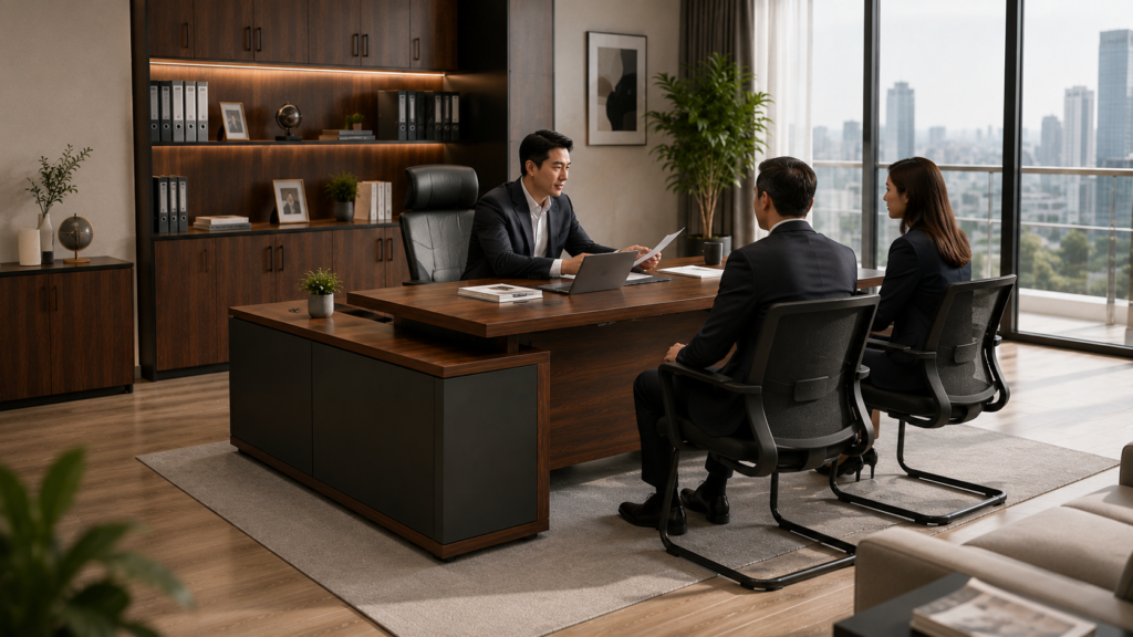 Executive Desk untuk ruang pimpinan dengan area kerja luas dan ruang menerima tamu