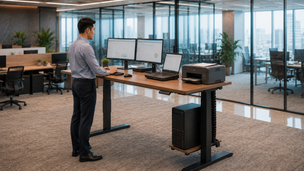 Standing desk menopang monitor dan perangkat kerja kantor