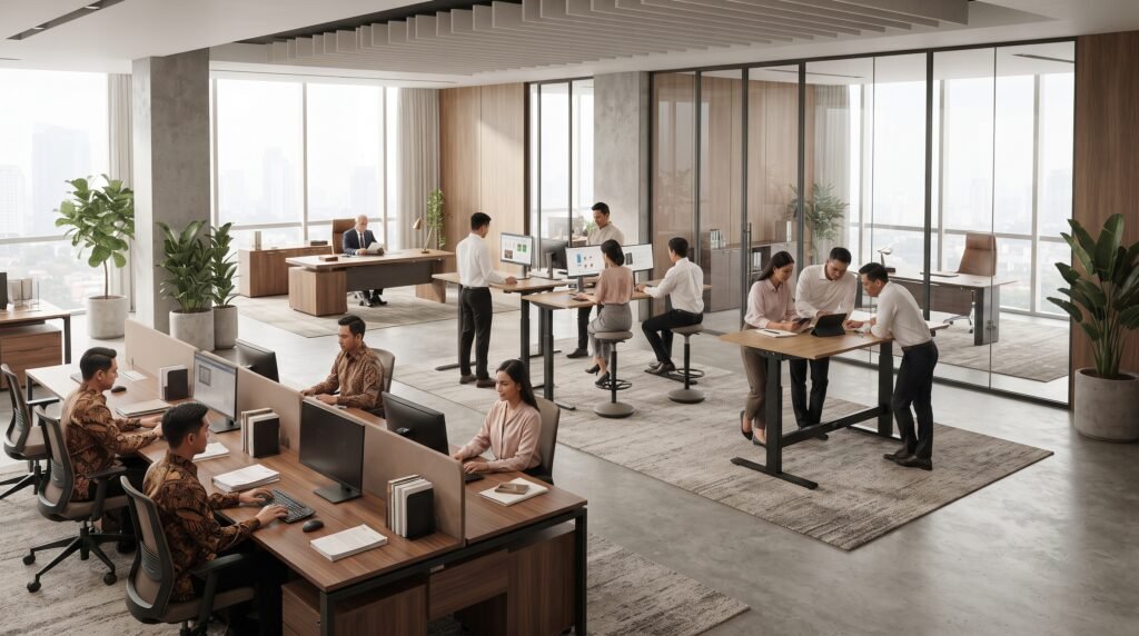 Kombinasi standing desk dan meja konvensional dalam satu kantor
