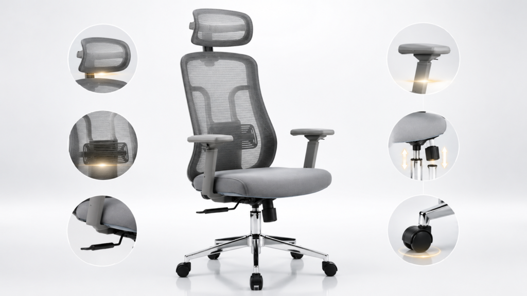 Komponen kursi ergonomis seperti lumbar support, armrest, headrest, dan sandaran yang dapat disesuaikan.
