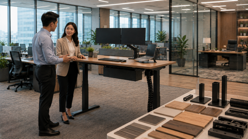 Konsultasi desain dan spesifikasi custom standing desk untuk perusahaan