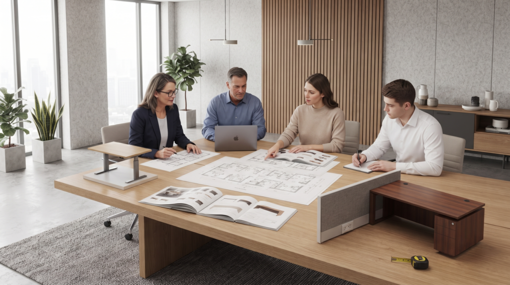 Tim procurement dan konsultan office furniture mendiskusikan pemilihan ukuran meja kantor berdasarkan kebutuhan perusahaan.