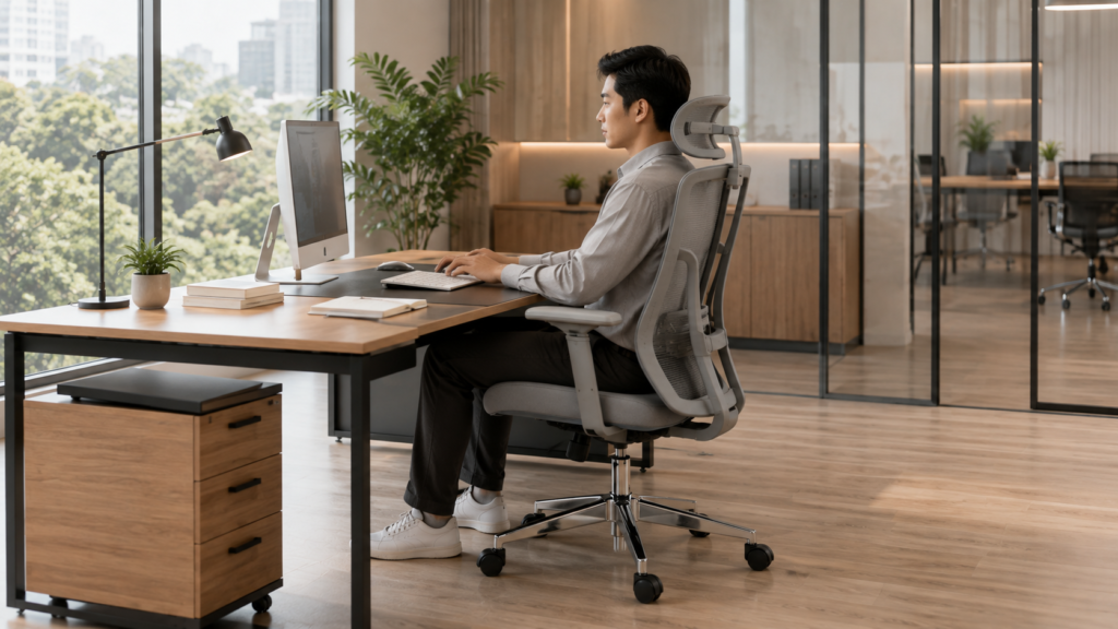 Karyawan menggunakan kursi ergonomis dalam workstation kantor untuk mendukung kenyamanan dan produktivitas kerja.