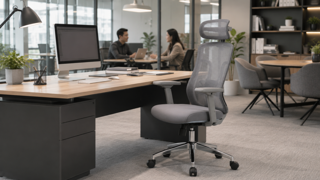 Kursi ergonomis manager dengan sandaran tinggi, lumbar support, armrest adjustable, dan reclining mechanism.