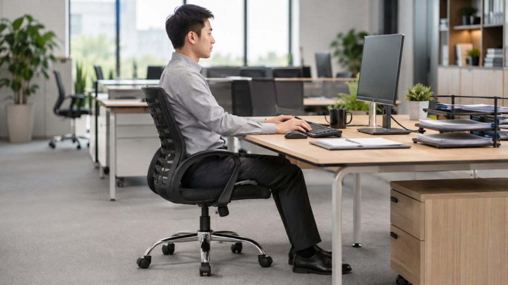 Kursi ergonomis untuk staff kantor dengan desain modern dan fitur pengaturan dasar.