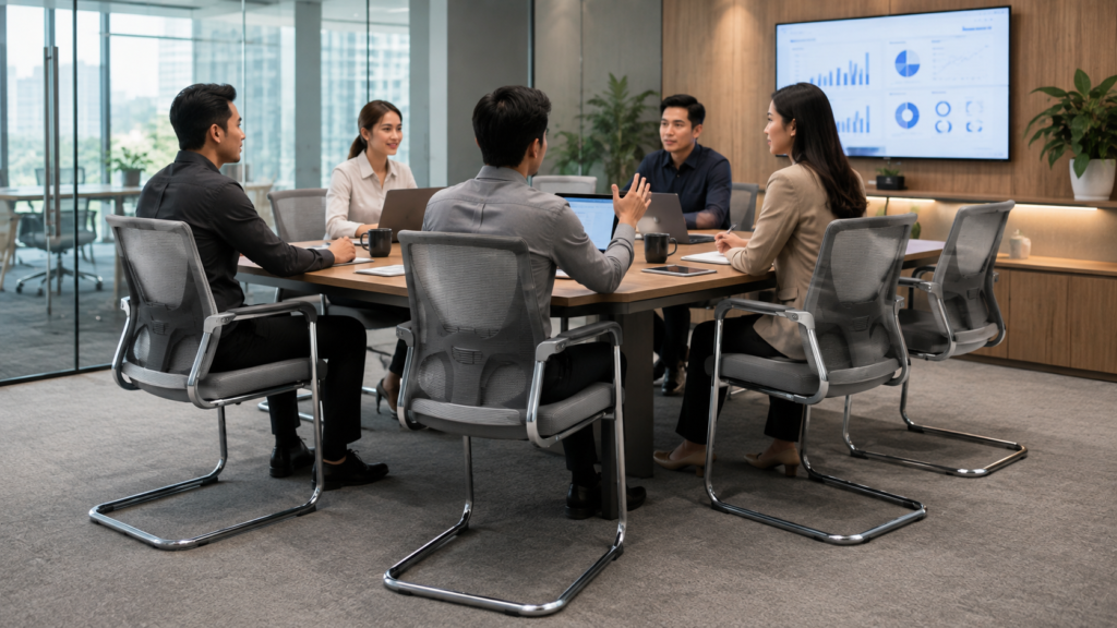 Kursi meeting modern digunakan dalam ruang rapat kantor untuk mendukung kenyamanan diskusi.