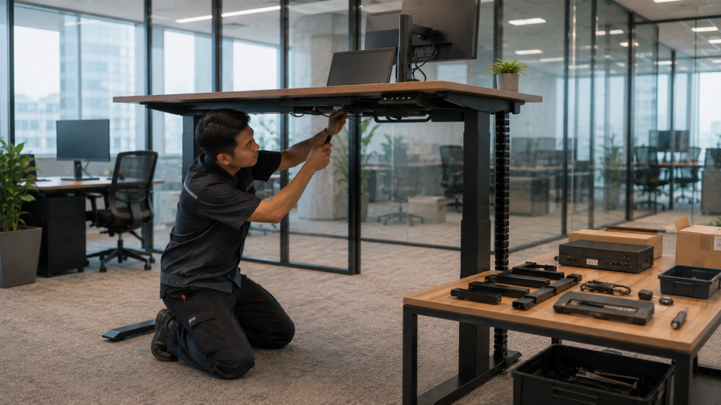 Teknisi memeriksa standing desk sebagai bagian dari layanan purna jual
