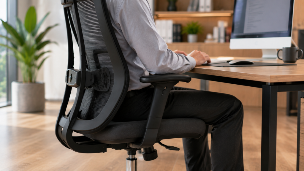 Lumbar support pada kursi ergonomis yang menopang area punggung bawah saat bekerja.