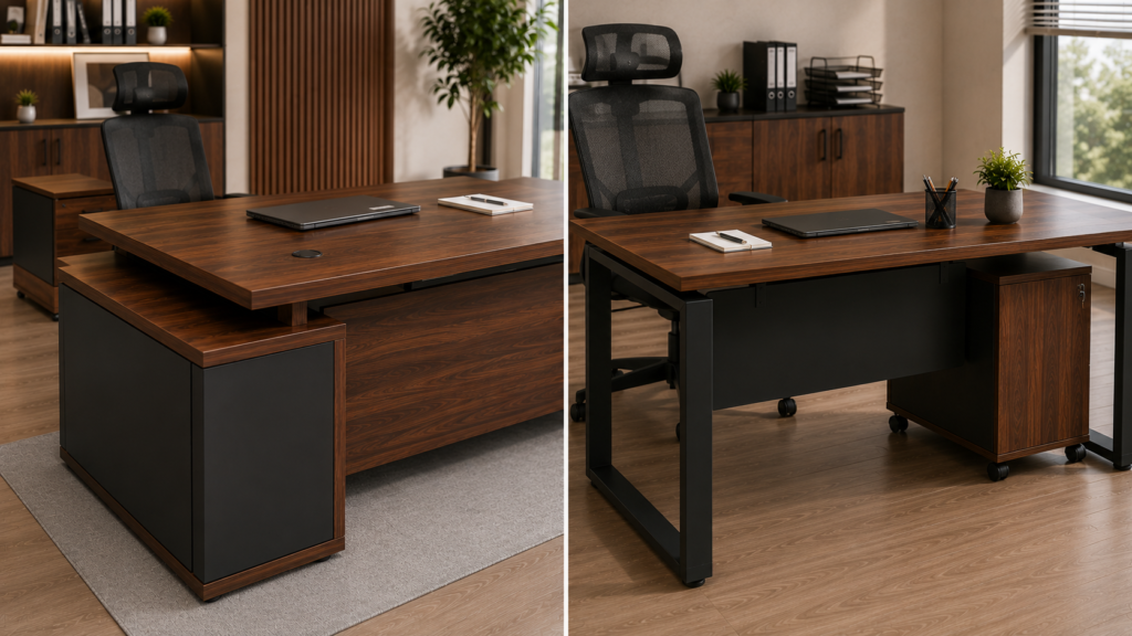 Material dan finishing Executive Desk dan Manager Desk untuk furniture kantor