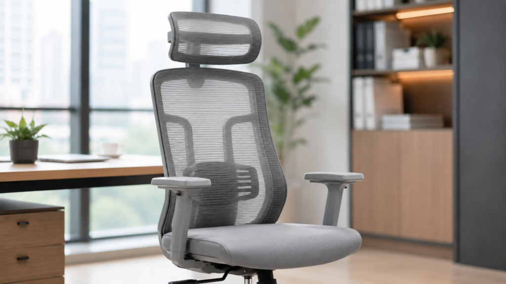 Material mesh pada kursi ergonomis yang memberikan sirkulasi udara dan tampilan modern.