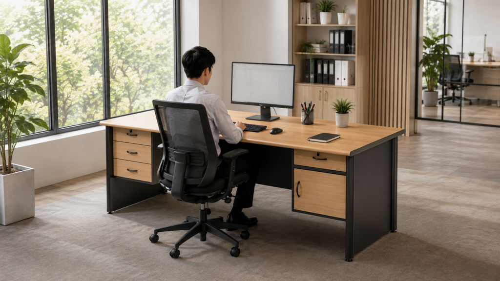 Karyawan bekerja menggunakan meja kantor dengan ukuran yang proporsional untuk meningkatkan kenyamanan dan produktivitas.