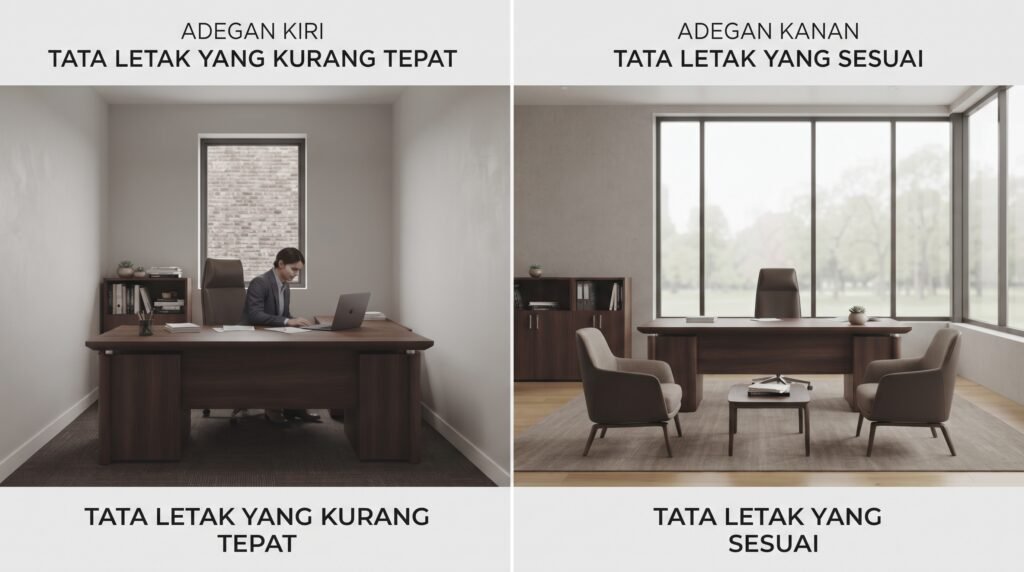 Perbandingan penggunaan Executive Desk pada ruang kecil dan ruang direksi yang luas