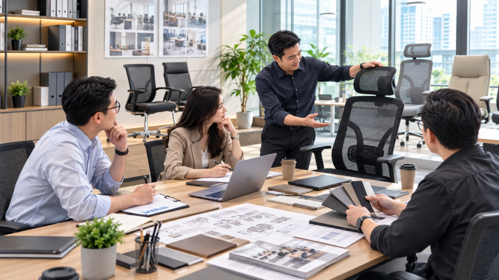 Tim perusahaan mengevaluasi kursi ergonomis berdasarkan kebutuhan pengguna dan workstation kantor.