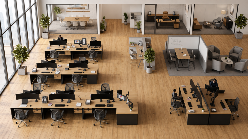 Layout kantor modern dengan workstation modular yang disesuaikan dengan luas ruangan agar ruang kerja lebih efisien.