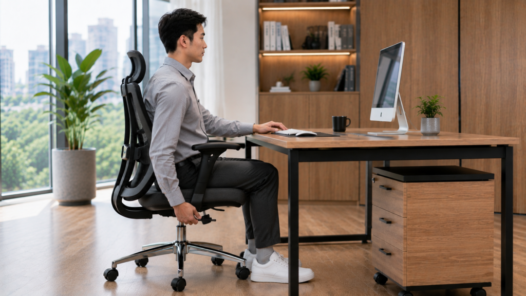 Pengaturan tinggi dudukan kursi ergonomis untuk menyesuaikan posisi duduk pengguna dengan meja kerja.