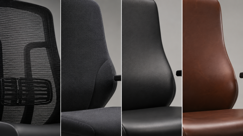 Perbandingan material mesh, fabric, PU leather, dan genuine leather pada kursi kantor ergonomis.