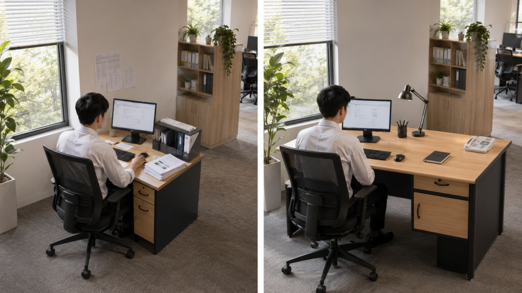 Perbandingan meja kantor yang terlalu kecil dengan meja kantor berukuran ideal untuk meningkatkan kenyamanan bekerja.