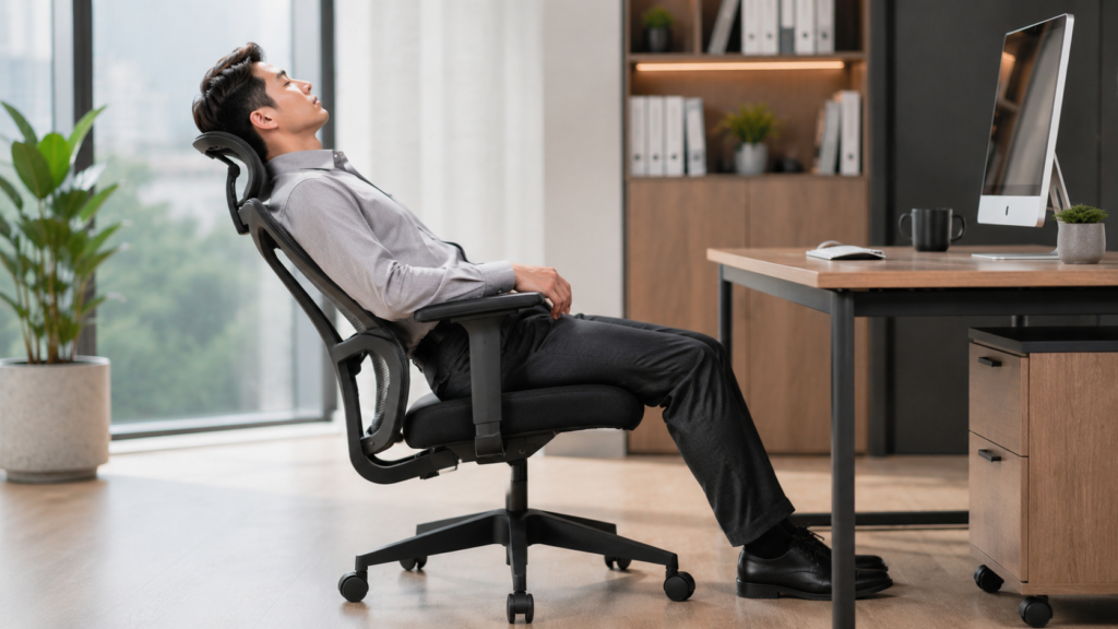 Reclining mechanism pada kursi ergonomis yang memungkinkan sandaran disesuaikan dengan posisi tubuh.