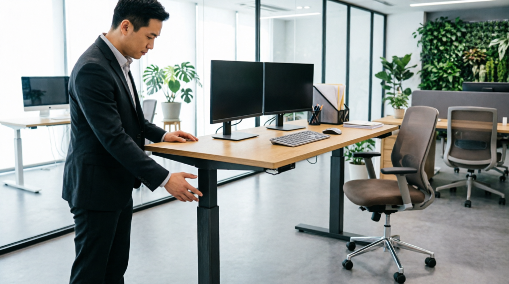 Pemeriksaan stabilitas rangka standing desk pada posisi tinggi