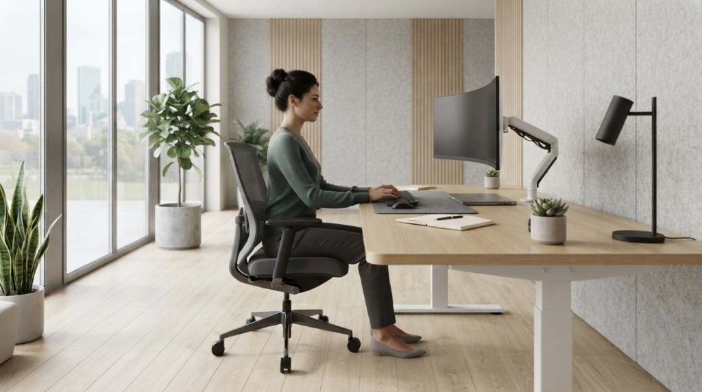 Posisi duduk ergonomis dengan tinggi meja kantor sekitar 72 hingga 75 cm.
