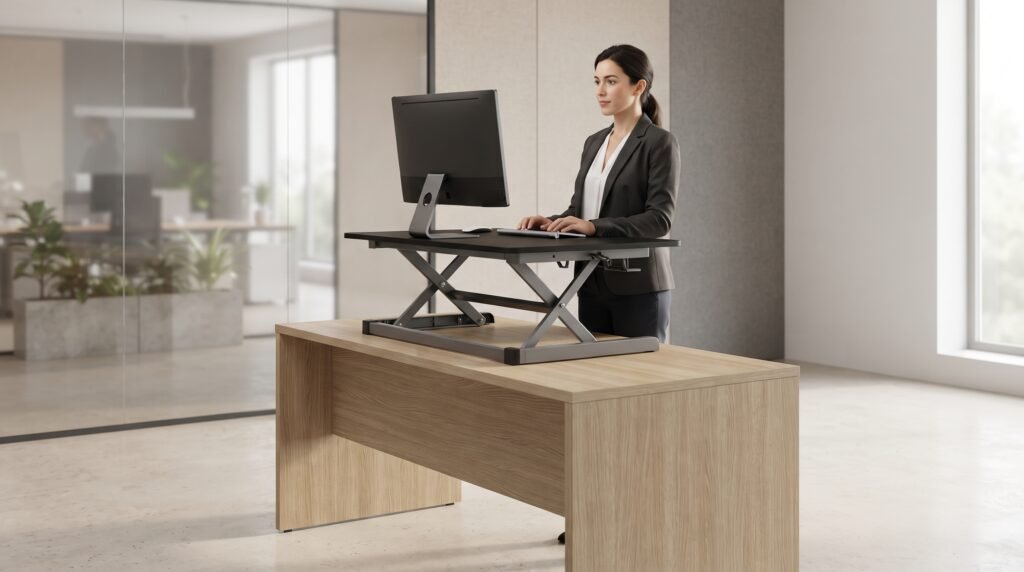 Standing desk converter yang dipasang di atas meja kantor