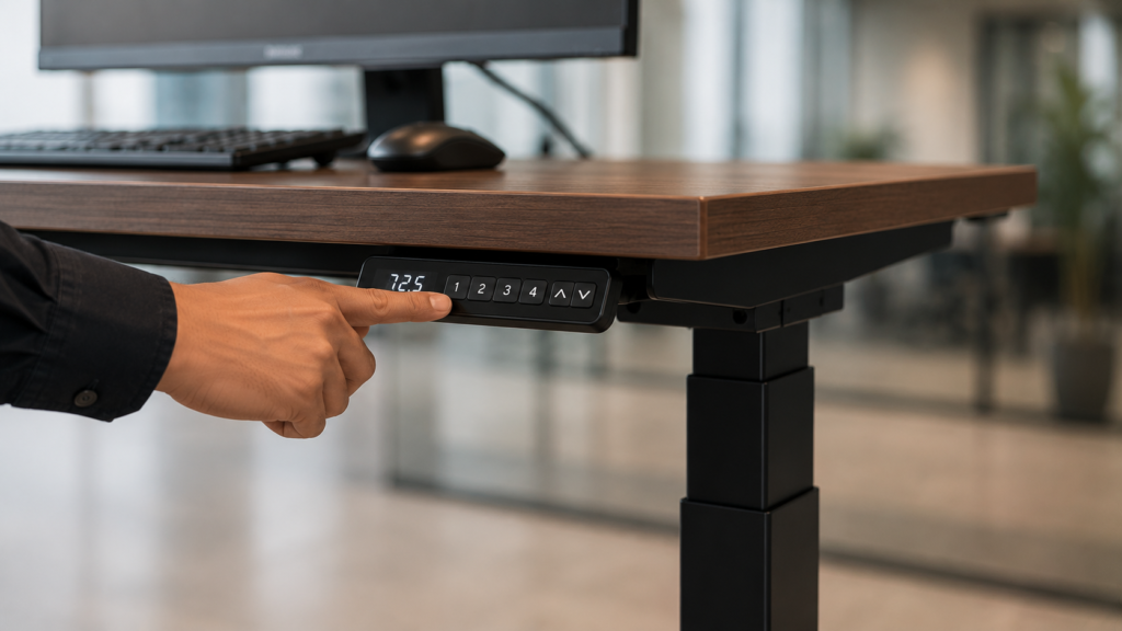 Standing desk elektrik dengan tombol pengatur ketinggian meja