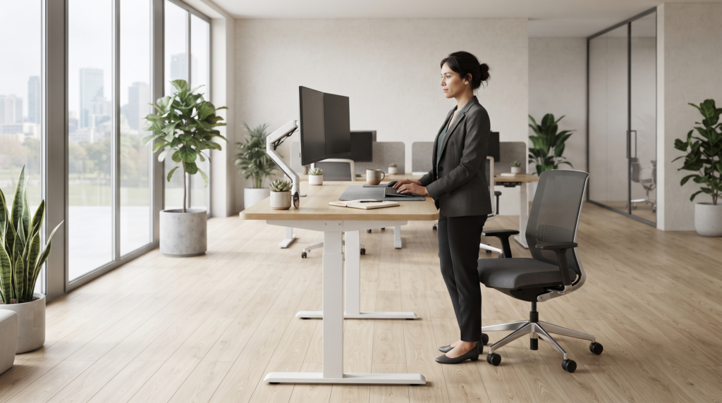 Standing desk modern dengan pengaturan tinggi untuk mendukung ergonomi di lingkungan kerja.