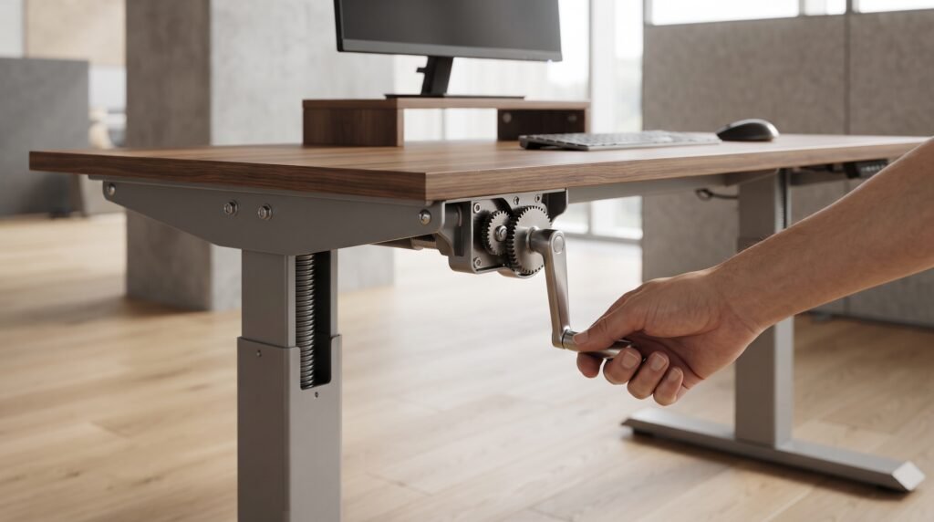 Standing desk manual dengan mekanisme engkol untuk mengatur ketinggian
