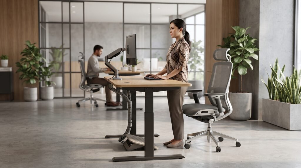 Standing desk dengan perlengkapan workstation ergonomis di kantor