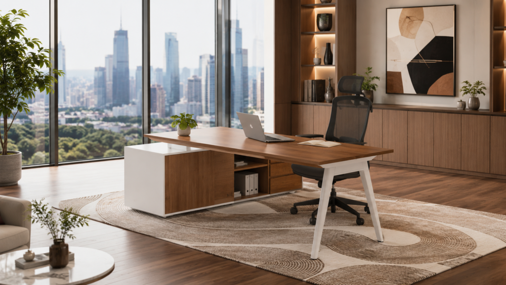 Executive desk modern berukuran besar untuk ruang direktur dan pimpinan perusahaan.