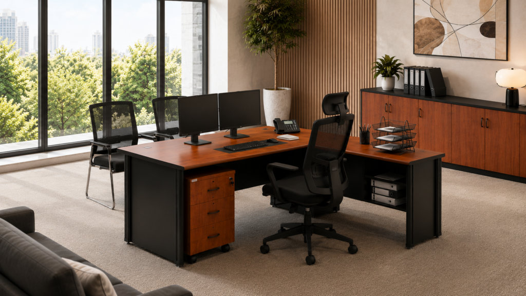Manager desk modern dengan area kerja lebih luas untuk aktivitas koordinasi dan rapat internal.