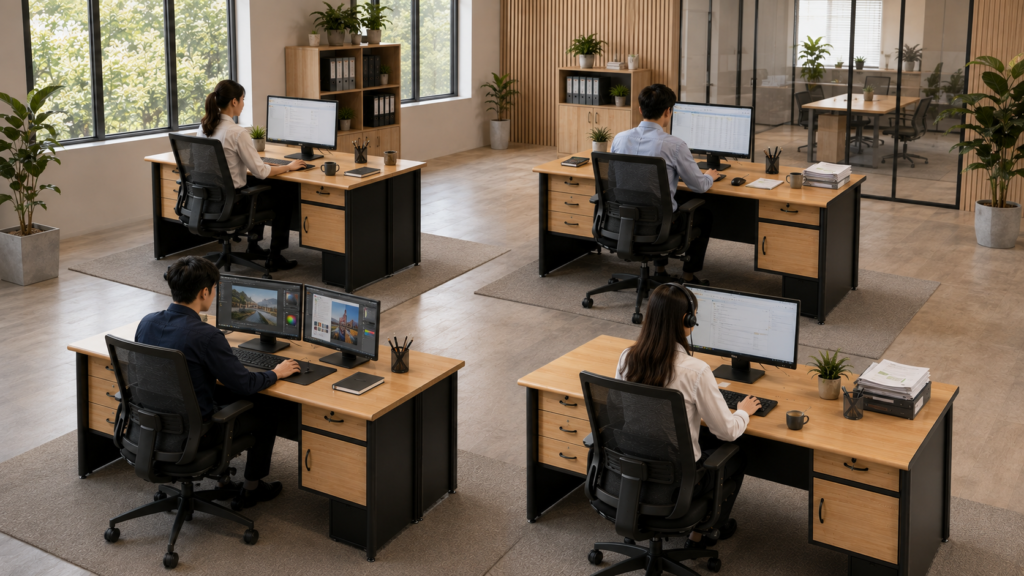 Berbagai ukuran meja kantor digunakan oleh staff administrasi, finance, desainer, dan customer service sesuai kebutuhan pekerjaan.