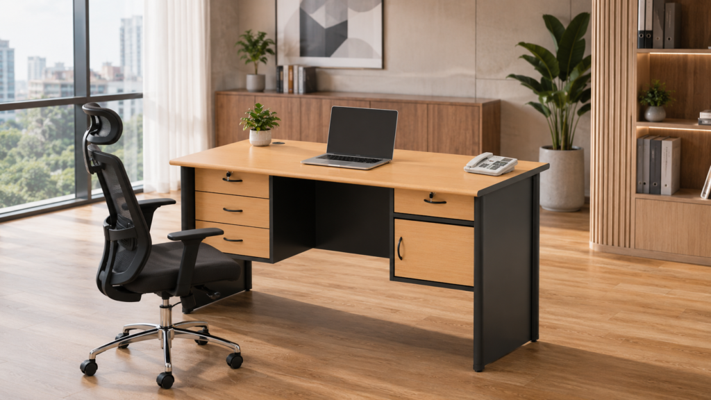 Ukuran standar meja kantor modern untuk ruang kerja perusahaan.