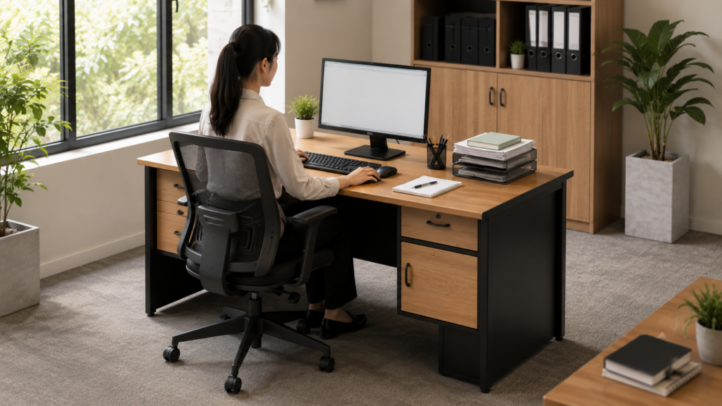 Meja kantor staff modern berukuran standar untuk ruang kerja perusahaan.